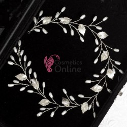Accesoriu modern pentru decor par WED07BB Argintiu cu perlute si frunze de 33cm 